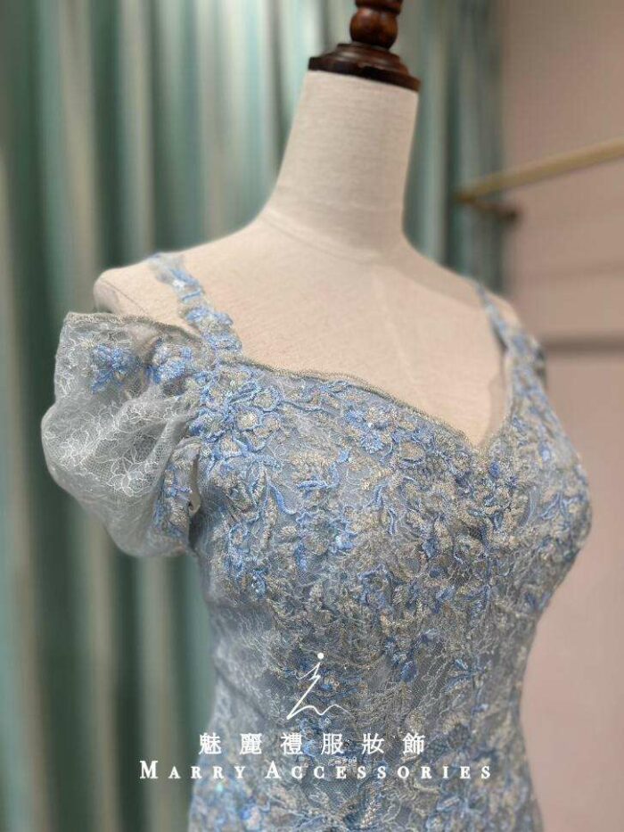 水藍桃心領刺繡卡肩媽媽禮服