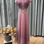 紫粉抓皺刺繡收腰紗裙媽媽禮服