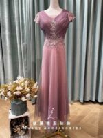 紫粉抓皺刺繡收腰紗裙媽媽禮服