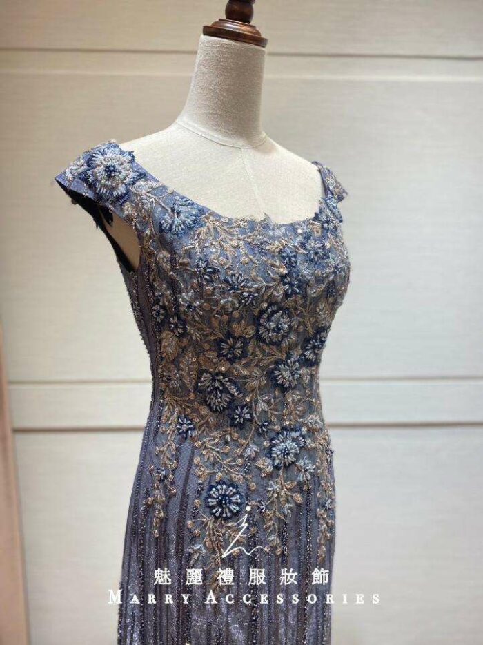 藍紫流線管珠緹花台中媽媽禮服