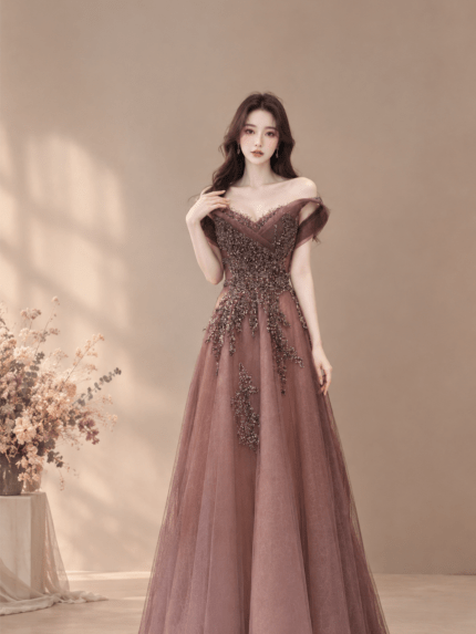 古銅碎鑽交叉一字領澎裙媽媽禮服