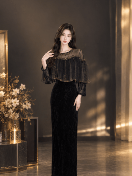 黑絨蕾絲斗篷碎鑽媽媽禮服