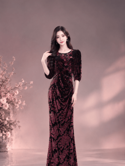 黑絨蕾絲粉花七分袖媽媽禮服