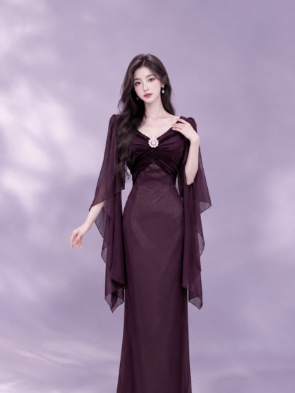 葡萄紫雪紡胸花抓皺媽媽禮服