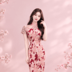 珊瑚粉花瓣蕾絲旗袍媽媽禮服