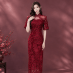玫瑰紅立體花葉旗袍媽媽禮服