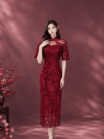 玫瑰紅立體花葉旗袍媽媽禮服