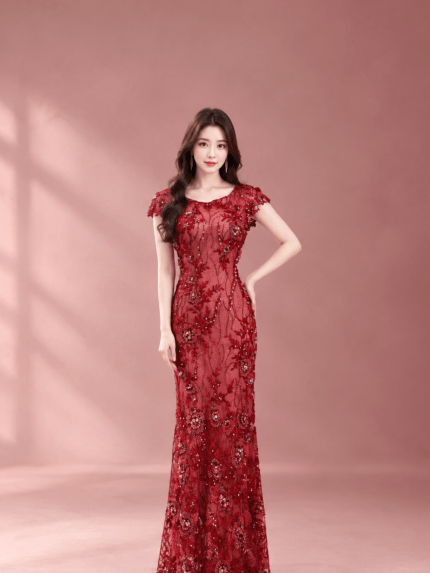 酒紅圓珠蕾絲花瓣媽媽禮服