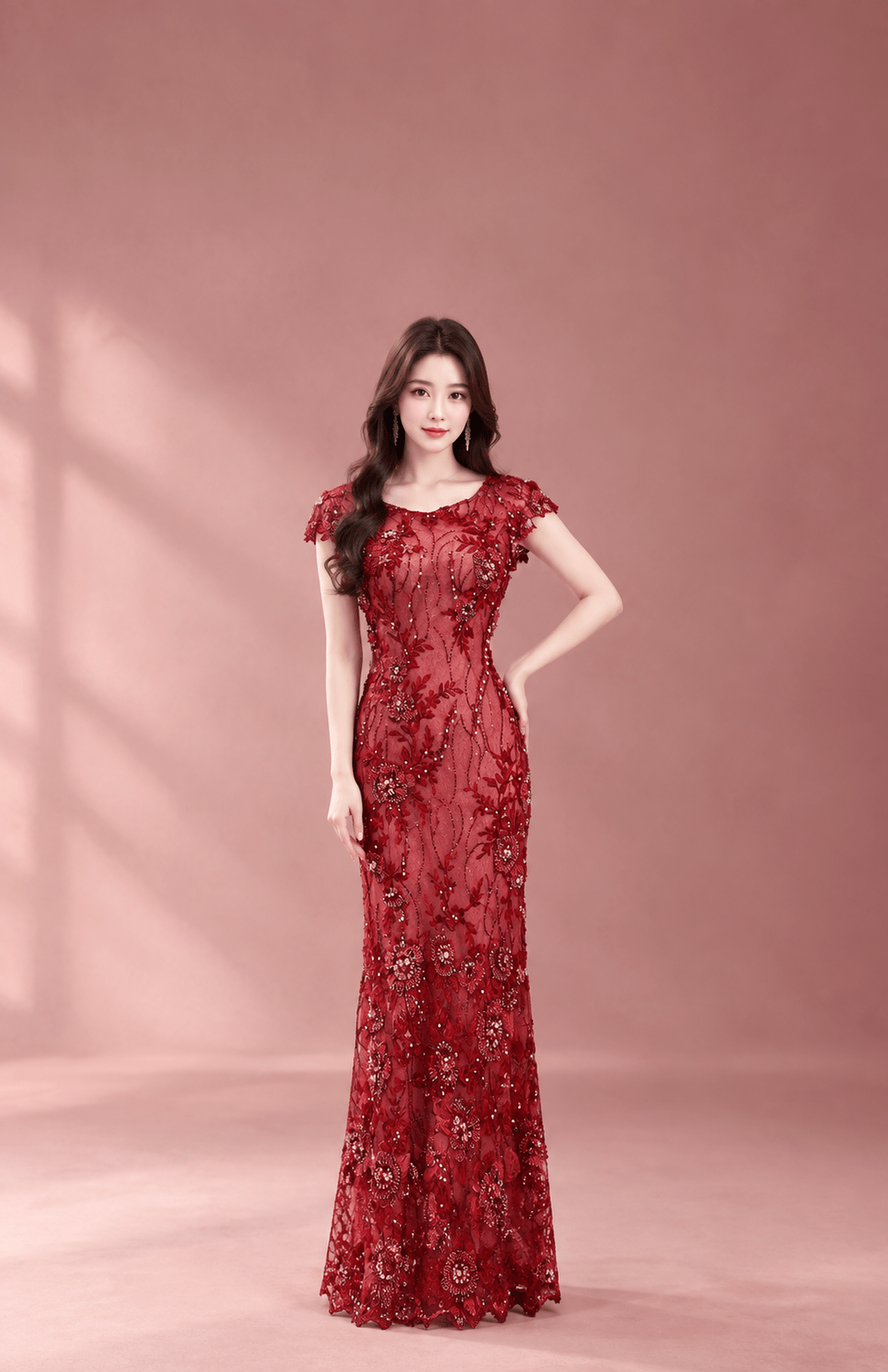 酒紅圓珠蕾絲花瓣媽媽禮服 酒紅圓珠蕾絲花瓣媽媽禮服