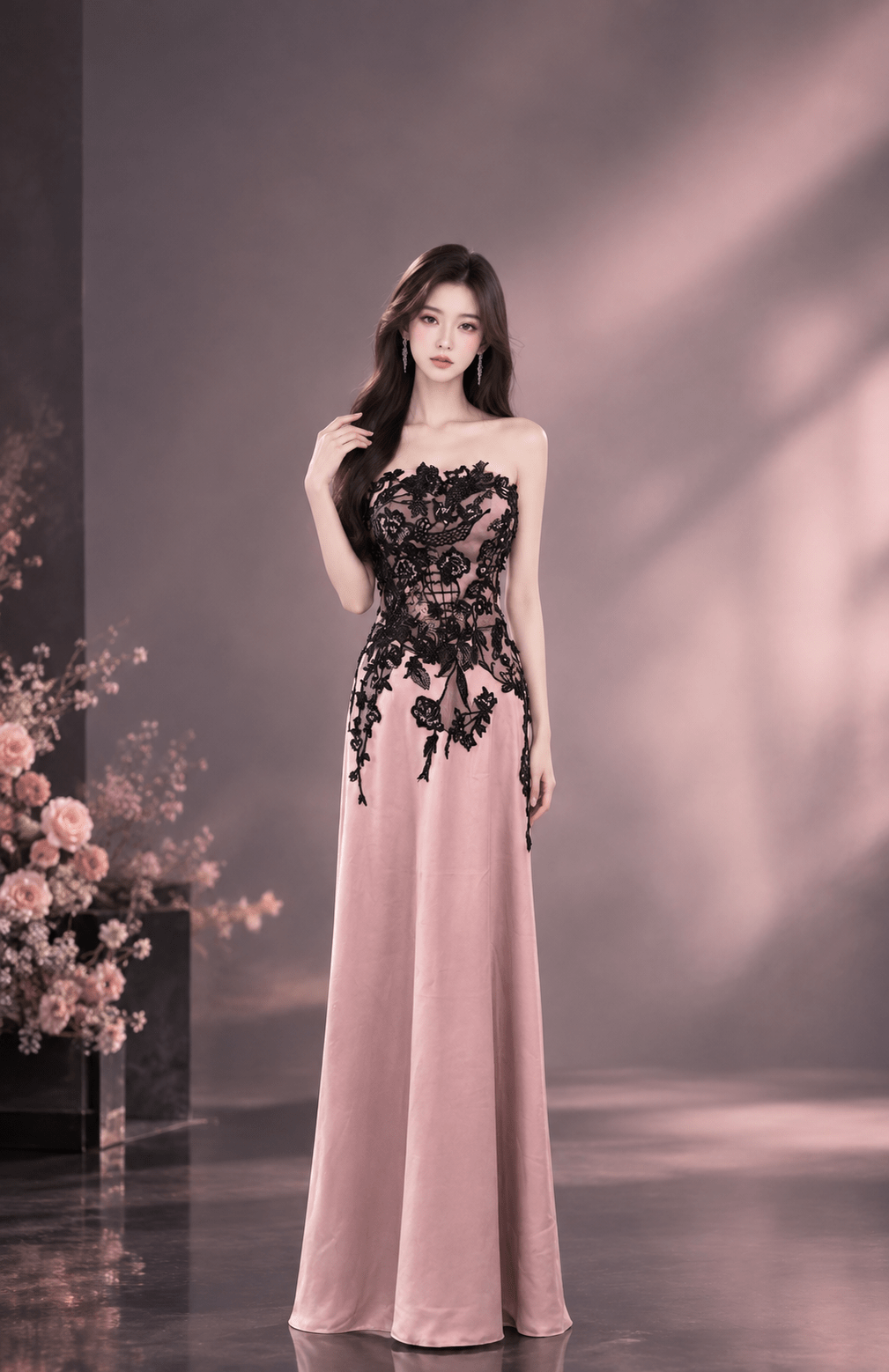 黑玫瑰櫻花粉平口媽媽禮服 黑玫瑰櫻花粉平口媽媽禮服