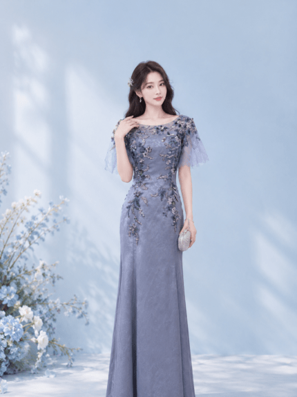 霧藍絲絨彩片花葉媽媽禮服