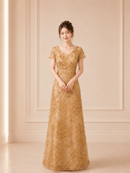 金色亮紗蕾絲花紋台中媽媽禮服
