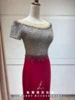 酒紅碎鑽絨面魚尾禮服