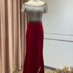 酒紅碎鑽絨面魚尾禮服