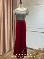 酒紅碎鑽絨面魚尾禮服