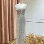 灰綠縫珠亮片花台中媽媽禮服