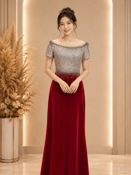 酒紅碎鑽絨面魚尾台中媽媽禮服