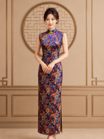 深紫古典花紋刺繡旗袍台中媽媽禮服
