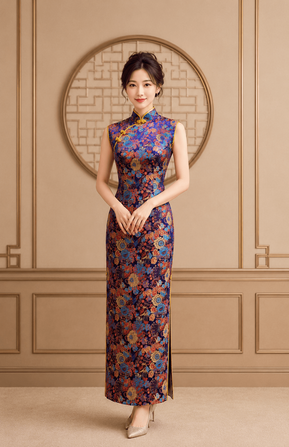 深紫古典花紋刺繡旗袍台中媽媽禮服 深紫古典花紋刺繡旗袍台中媽媽禮服