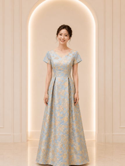 天空藍玫瑰刺繡A字裙台中媽媽禮服