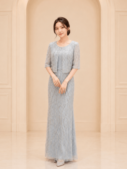 蒂芬妮綠漸層灰緞帶結排鑽禮服
