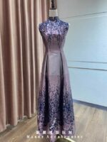 粉紫花葉印花高領百褶裙禮服