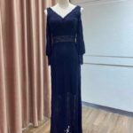 藏藍蕾絲布水袖挖肩高腰禮服