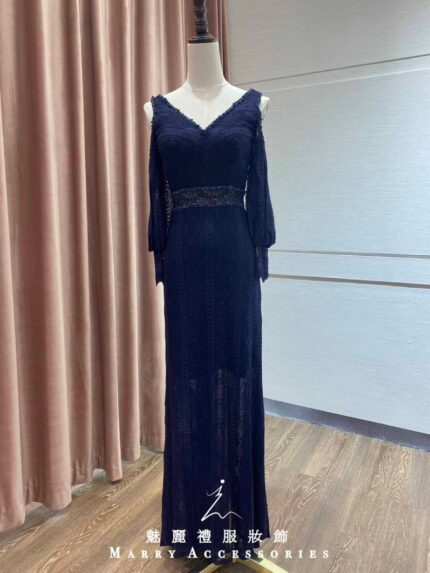 藏藍蕾絲布水袖挖肩高腰禮服