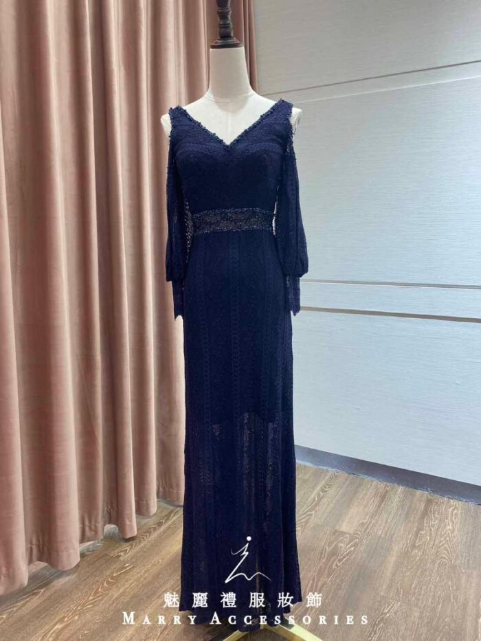 藏藍蕾絲布水袖挖肩高腰禮服 藏藍蕾絲布水袖挖肩高腰禮服