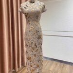 莫蘭迪灰立體金花刺繡旗袍禮服