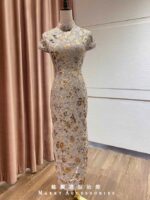 莫蘭迪灰立體金花刺繡旗袍禮服