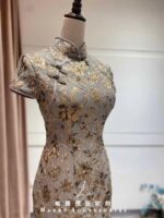 莫蘭迪灰立體金花刺繡旗袍禮服