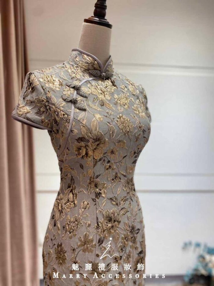 莫蘭迪灰立體金花刺繡旗袍禮服
