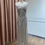 貝殼灰細珠交織排列肩袖禮服