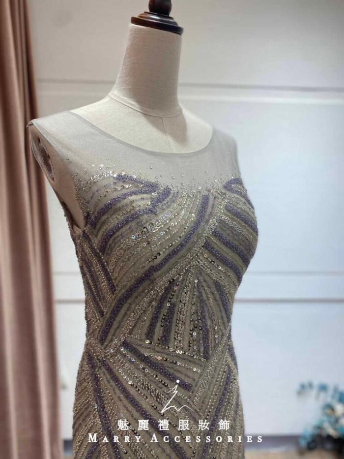 貝殼灰細珠交織排列肩袖禮服