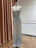 蒂芬妮綠漸層灰緞帶結排鑽禮服