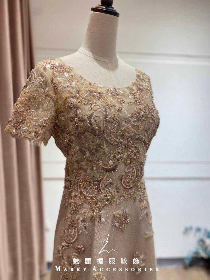 奶茶金立體織花亮紗禮服 奶茶金立體織花亮紗禮服
