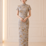 莫蘭迪灰立體金花刺繡旗袍禮服