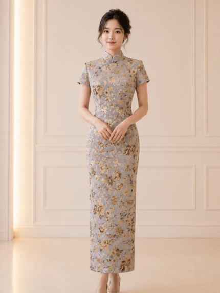 莫蘭迪灰立體金花刺繡旗袍禮服