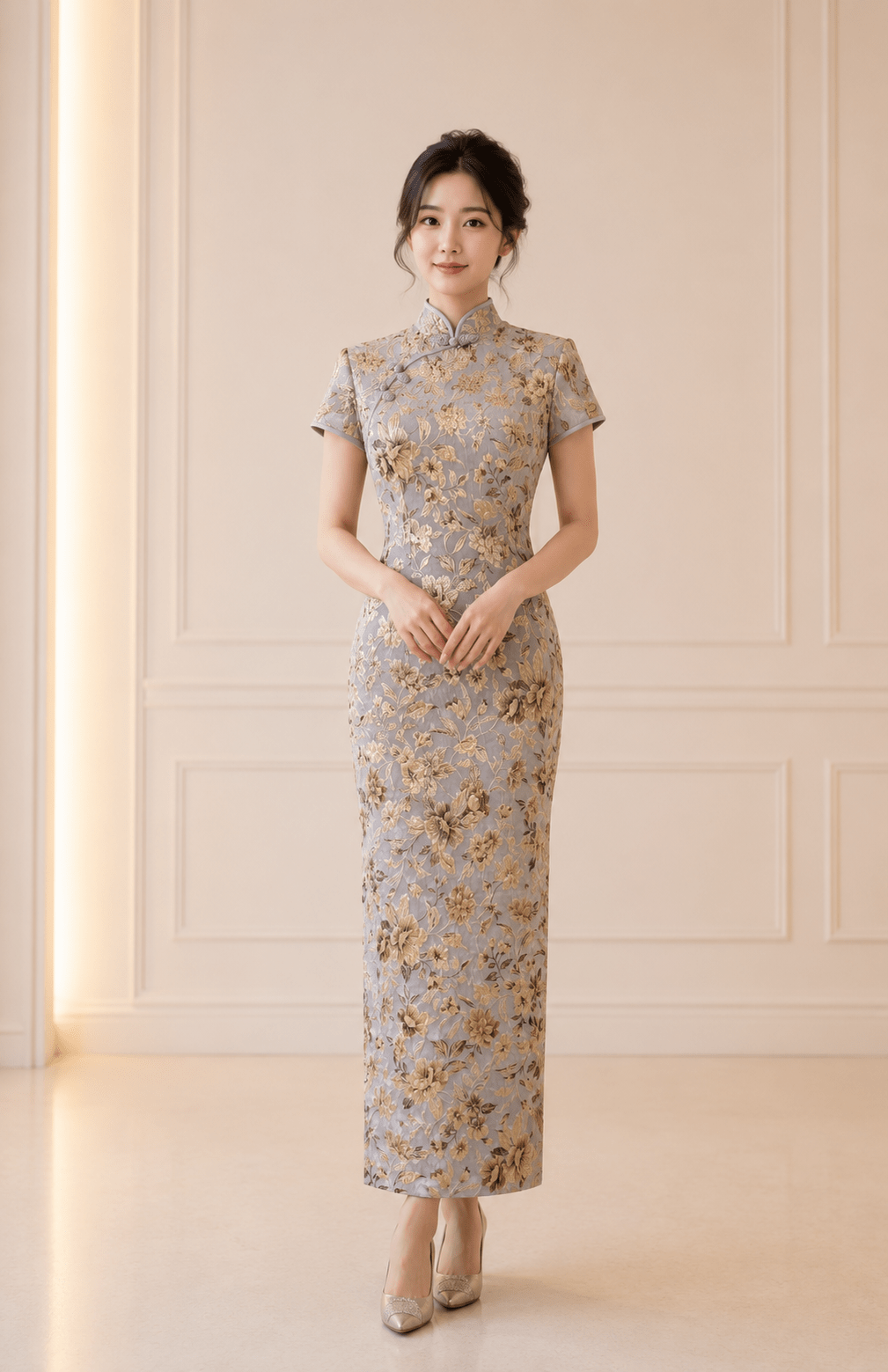莫蘭迪灰立體金花刺繡旗袍禮服 莫蘭迪灰立體金花刺繡旗袍禮服