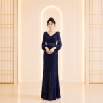 藏藍蕾絲布水袖挖肩高腰禮服