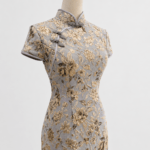 莫蘭迪灰立體金花刺繡旗袍禮服