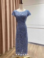 冰藍霧灰立體緹花禮服