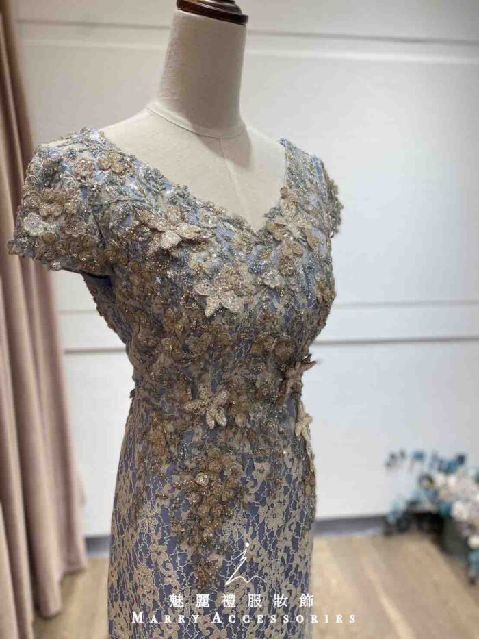 金紗蝴蝶花邊蕾絲藍紫禮服
