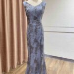 藍灰銀河亮片緞面魚尾禮服