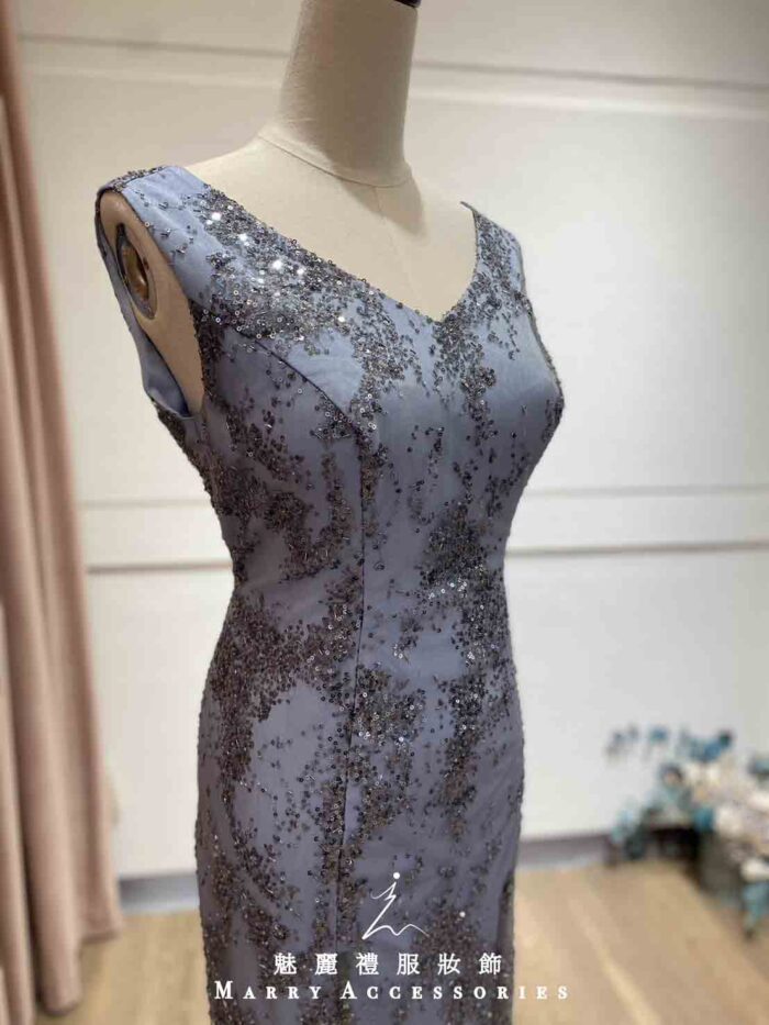 藍灰銀河亮片緞面魚尾禮服