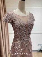 葡萄紫亮紗織花細珠A字裙禮服