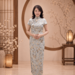 莫嵐迪灰立體金花刺繡旗袍