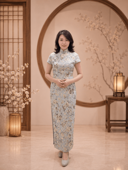 莫嵐迪灰立體金花刺繡旗袍