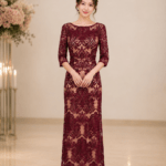 櫻桃紅宮廷亮片刺繡七分袖禮服